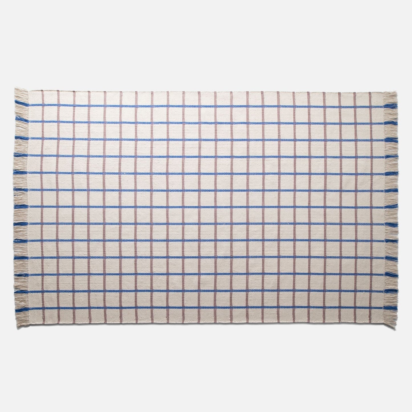 Top-down view of Cotton Grid Flatweave Rug with blue and brown grid pattern and fringed edges on a light background