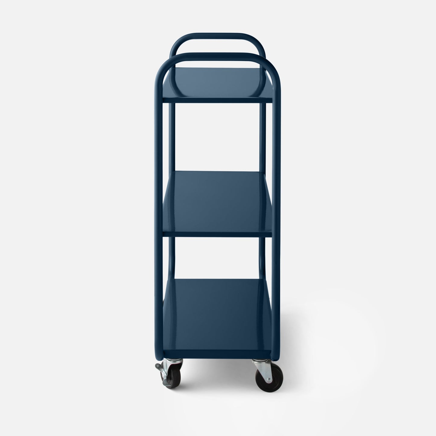 Front close-up of Miller storage cart showcasing glossy navy blue tubular frame, three metal shelves and swivel casters on a white background