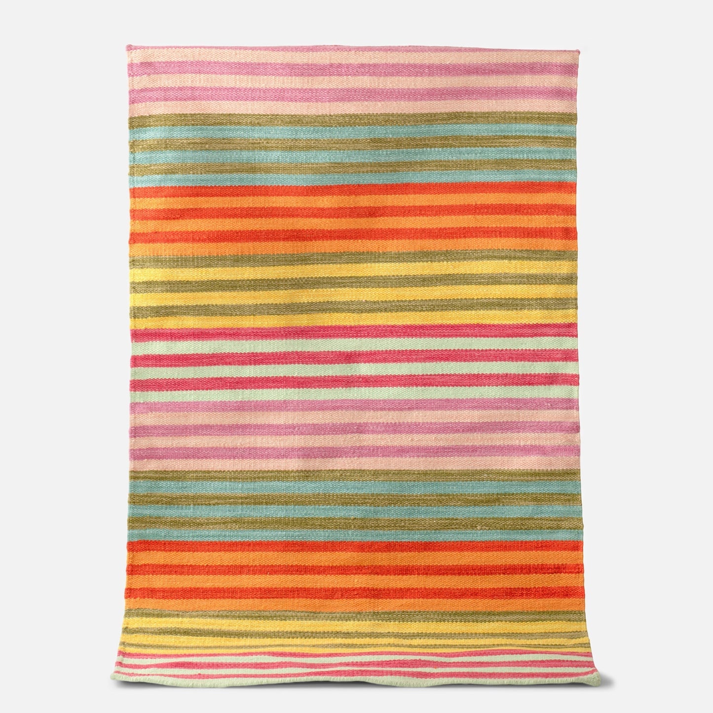 Full-length flat-lay of Lisse Performance Rug showcasing bold multicolor horizontal stripes on a white background
