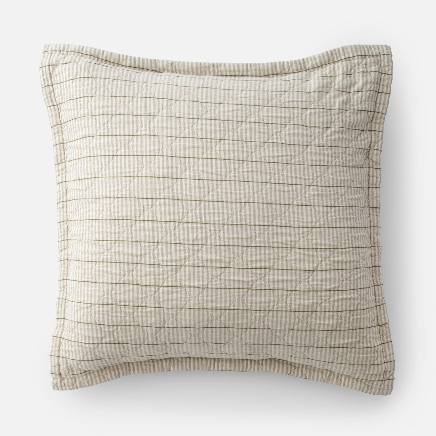 Close up of Diamond Ticking Quilted pillow sham showcasing diamond quilting and olive green horizontal stripes on white background
