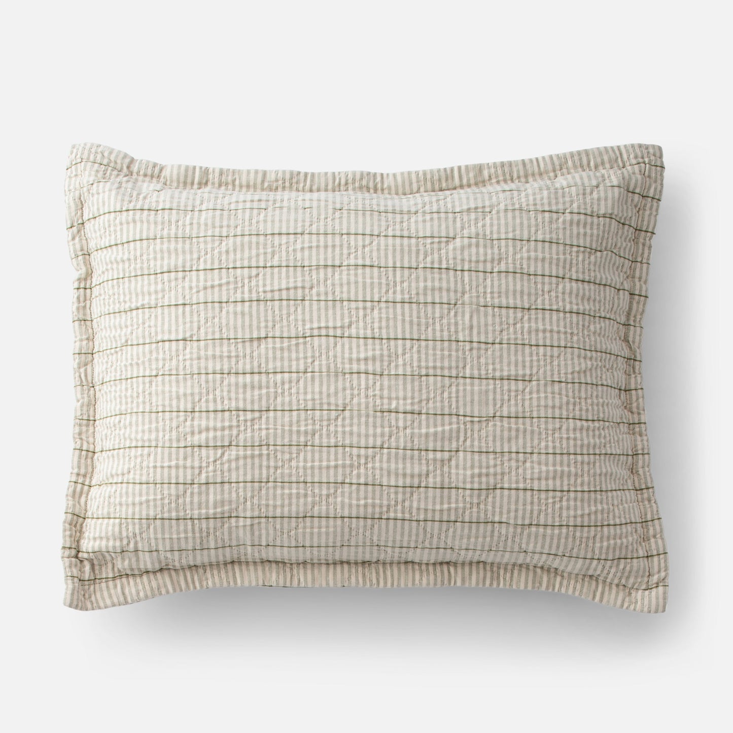 Top of Diamond Ticking Quilted Pillow Sham showing diamond quilting, olive-cream ticking stripes and piped edge on white