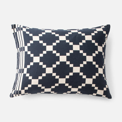 Front view of Winter and Summer Cotton pillow sham with navy-and-cream check and striped left edge on gray background