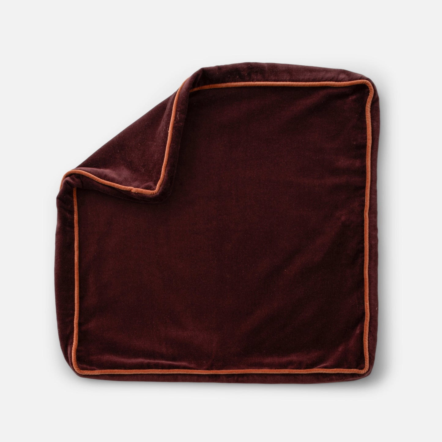 Overhead view of Velvet Piped Pillow showcasing square shape, luxe velvet fabric, and contrast piping on a light gray background