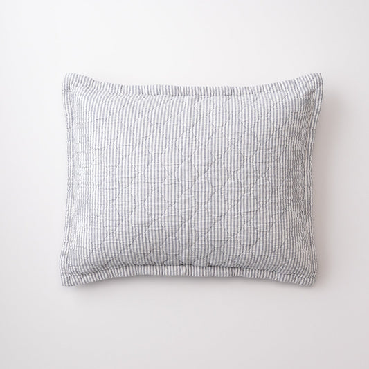 Front view of Diamond Ticking Quilted Pillow Sham with gray-and-white ticking stripes and diamond quilting on white